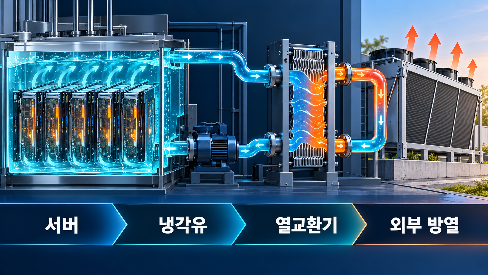 서버 냉각유 열교환기 외부 방열로 이어지는 단상형 액침냉각 흐름