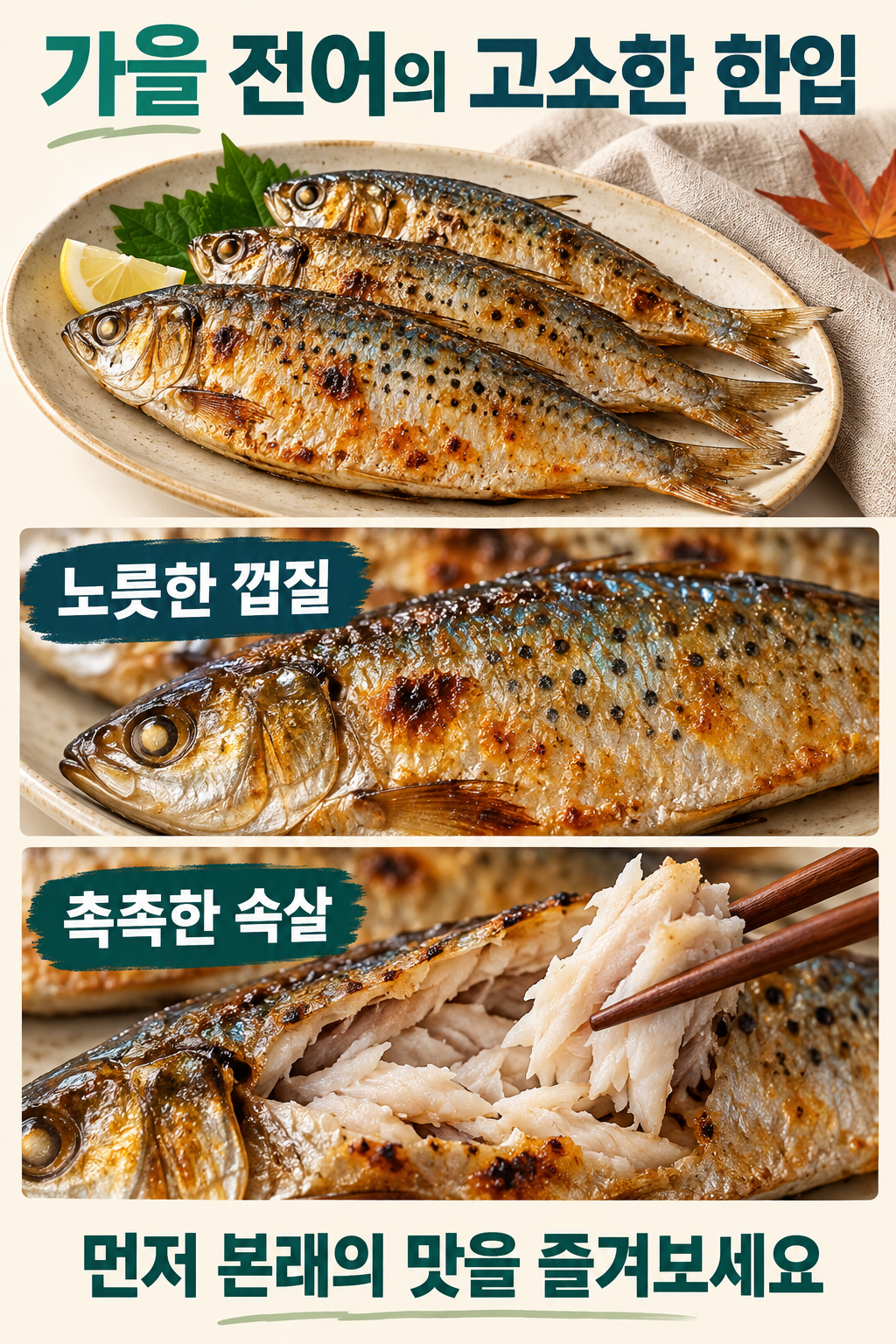 노릇하게 익힌 전어를 젓가락으로 벌려 속살을 보여 주는 가을 식탁, 짙은 소스 없이 전어 본래 맛을 즐기는 장면.
