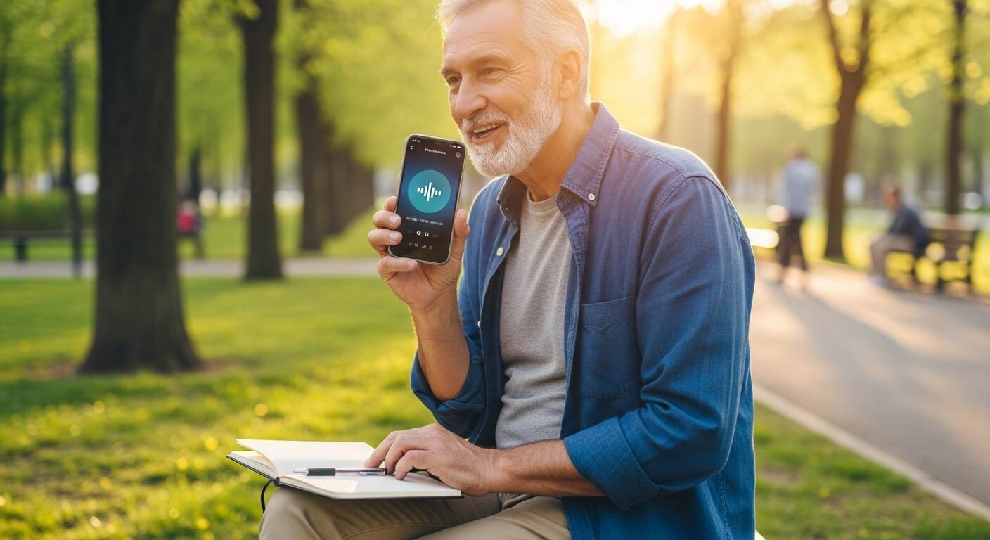 노트 대신 스마트폰에 음성으로 메모하는 시니어 남성