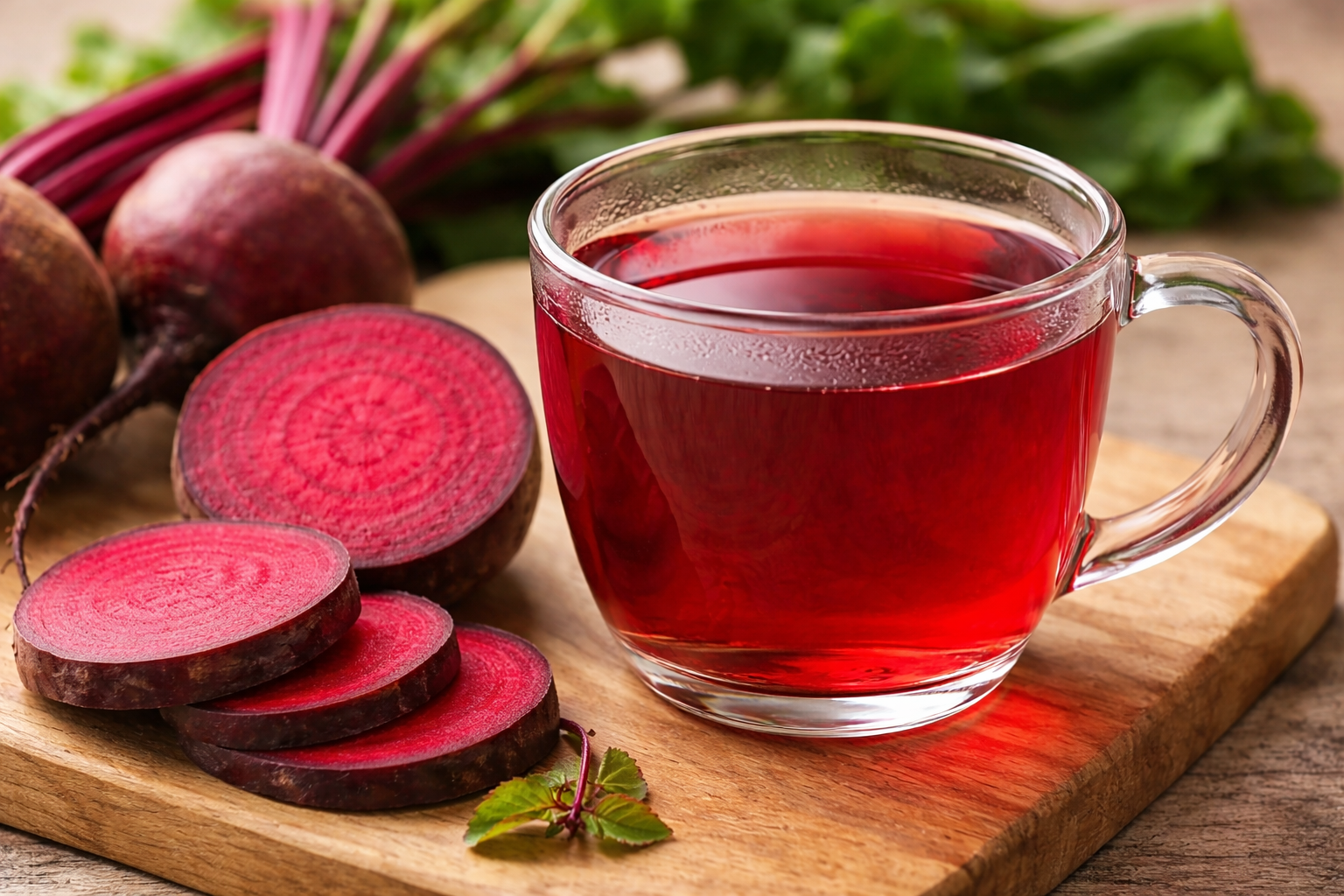투명한 찻잔에 담긴 붉은 비트차와 그 옆에 놓인 신선한 비트 단면