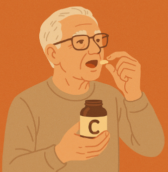 비타민C 알약을 먹고 있는 노인