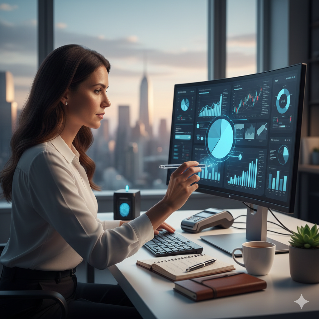 해질녘 도시 전경이 내다보이는 사무실에서 직장인 여성이 대형 모니터에 띄워진 복잡한 금융 대시보드와 자산 분석 차트를 펜으로 가리키며 심도 있게 분석하는 전문적인 장면이에요.