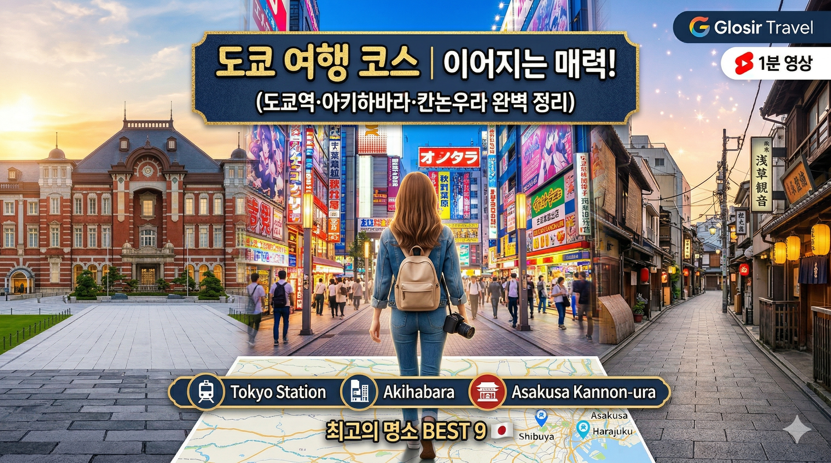 배낭을 메고 카메라를 든 여성 여행자의 전신 뒷모습을 중심으로 도쿄의 명소 세 곳이 펼쳐진 이미지. 왼쪽에는 해 질 녘 고풍스러운 붉은 벽돌의 도쿄역 마루노우치 역사가, 중앙에는 화려한 애니메이션 간판과 네온사인이 빛나는 아키하바라 전자상가 거리가, 오른쪽에는 고즈넉한 전통 분위기의 아사쿠사 칸논우라 골목길이 있다. 하단에는 도쿄 지도 위에 도쿄역, 아키하바라, 아사쿠사 칸논우라를 나타내는 아이콘이 배치되어 있으며, 상단에는 '도쿄 여행 코스 이어지는 매력!'이라는 텍스트가 있다. 우측 상단에는 'Glosir Travel' 로고가 위치해 있다.