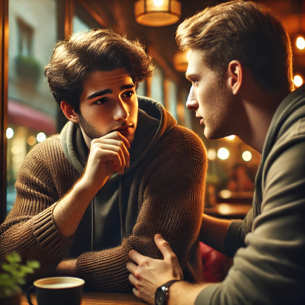 카페에서 친구가 진심으로 대화하는 모습