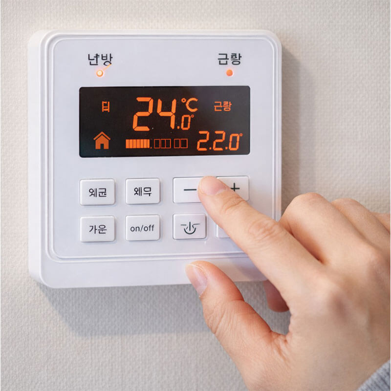 보일러 온도 조절기를 확인하며 난방 설정을 조절하는 손 모습