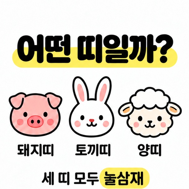 돼지띠, 토끼띠, 양띠가 모두 2026년 눌삼재에 해당함을 보여주는 동물 삽화