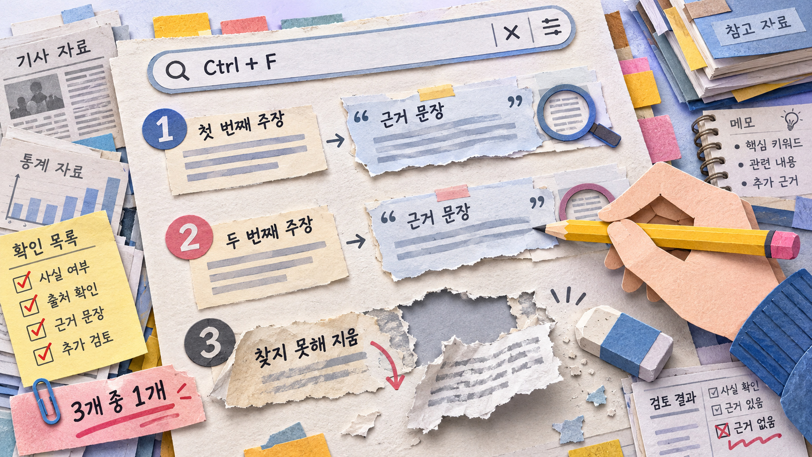 근거 문장을 못 찾은 주장 하나가 떨어져 나간 답안지