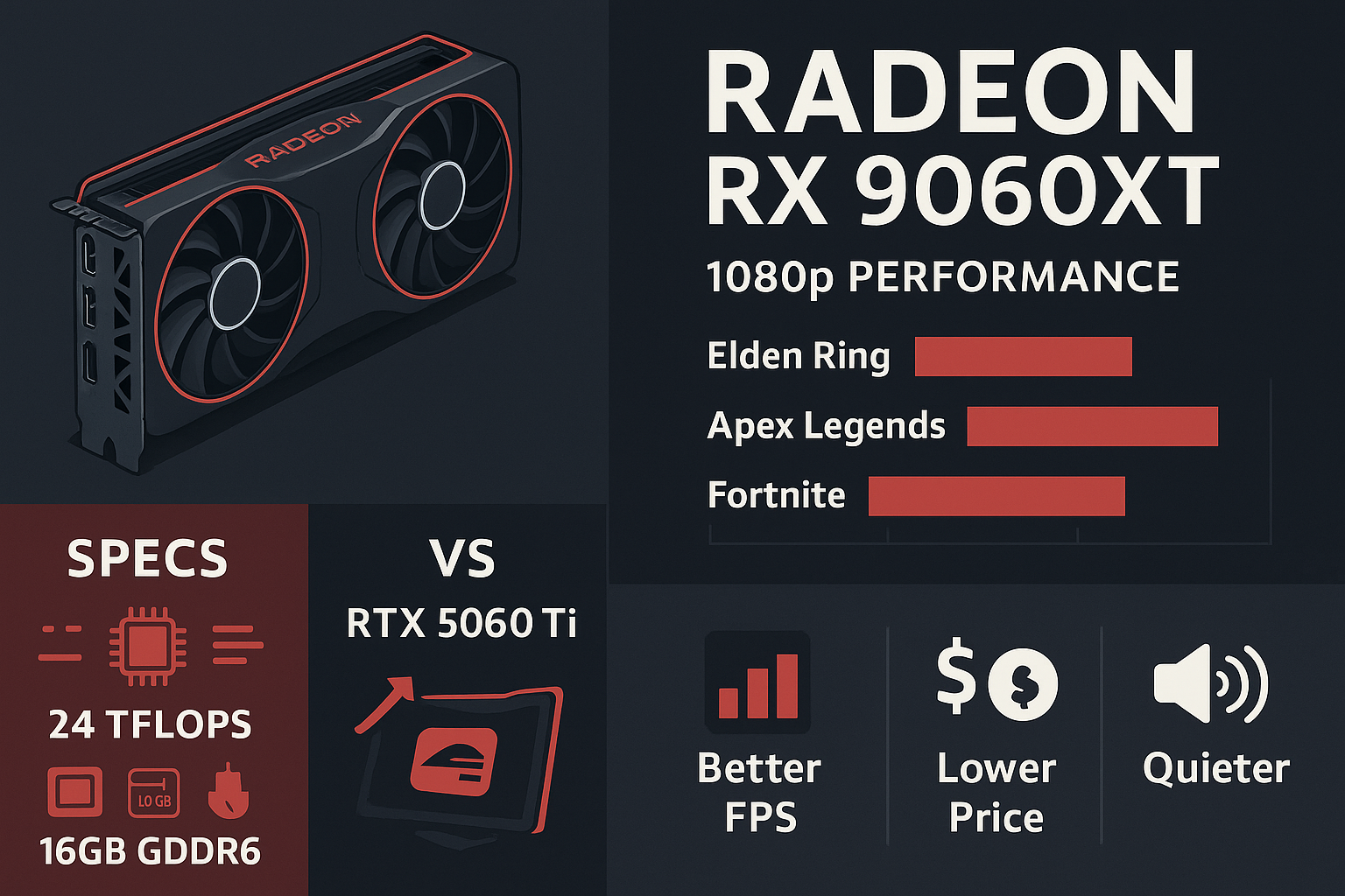 RX 9060XT vs RTX 5060 Ti 성능 비교 AMD Radeon RX 9060XT 인포그래픽