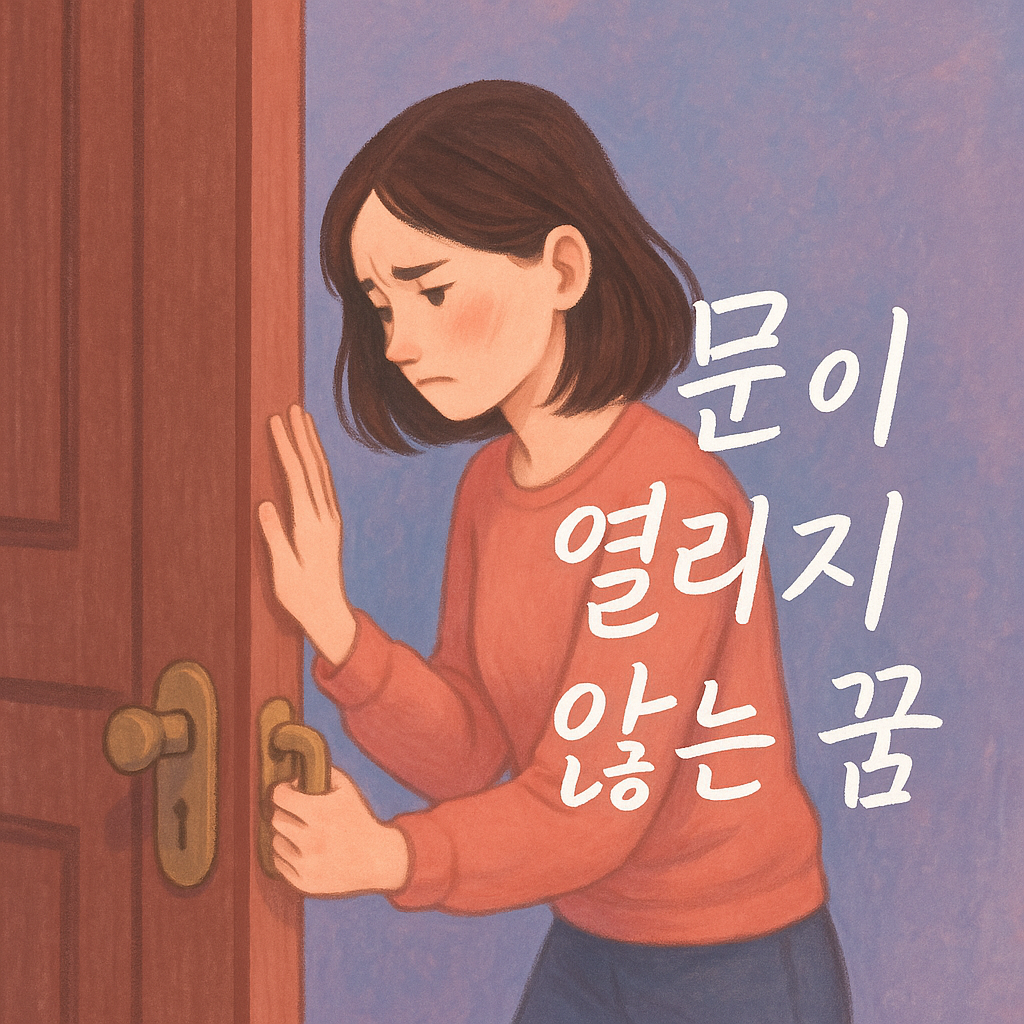 닫힌 나무문 손잡이를 잡고 열려는 여성의 모습, 옆에 ‘문이 열리지 않는 꿈’이라는 글씨가 적힌 파스텔톤 일러스트.