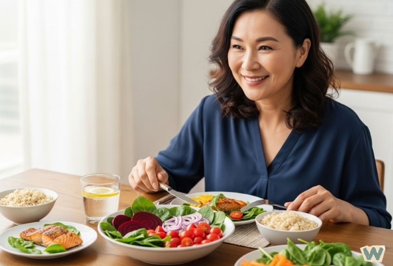 고혈압에 좋은 건강한 식단을 즐기는 중년 여성 via canva