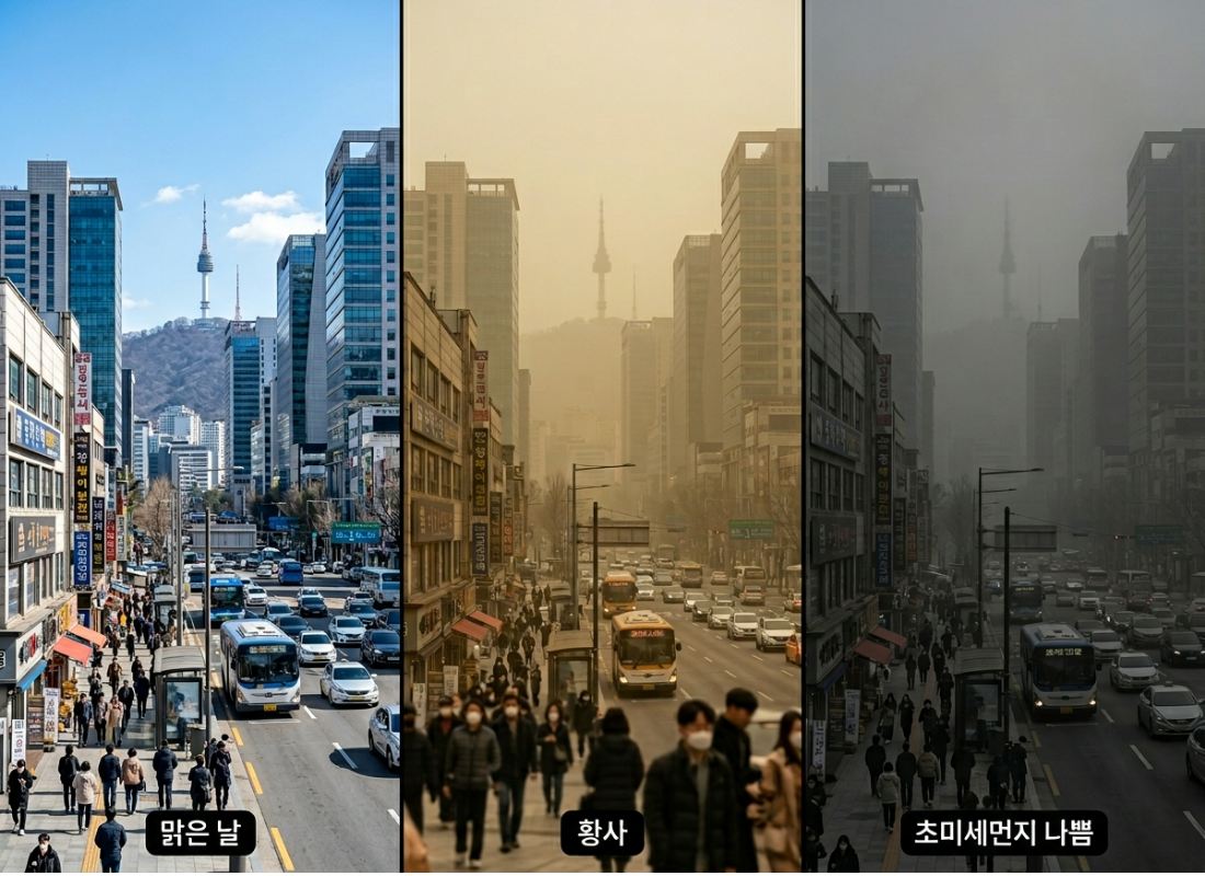 황사 하늘 색깔, 초미세먼지 뿌연 하늘, 미세먼지 시야 차이, 봄철 대기오염