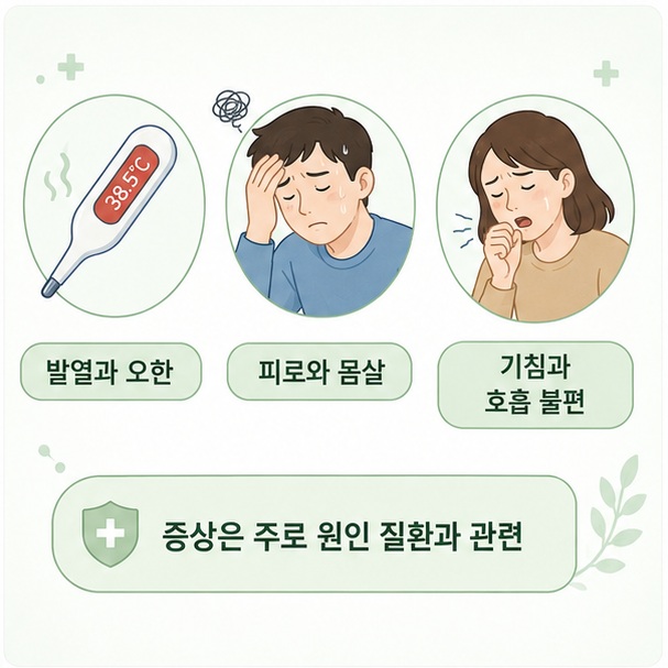 발열과 오한, 피로와 기침 등 백혈구가 높을 때 함께 나타날 수 있는 증상은 백혈구 자체보다 감염과 염증 같은 원인과 관련되는 경우가 많음을 보여 주는 그림