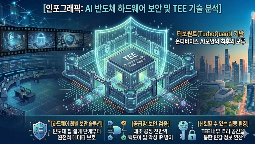 AI 반도체 하드웨어 보안 및 TEE 기술 분석] 터보퀀트(TurboQuant) 기반 온디바이스 AI 보안의 최후의 보루를 시각화한 전문 인포그래픽. 이미지 중앙에는 반도체 칩 내부의 격리된 보안 구역인 'TEE(Trusted Execution Environment)'가 견고한 사이버 성벽과 방패에 둘러싸인 요새 형태로 묘사되어 있음. 하단에는 '하드웨어 레벨 보안 솔루션', '공급망 보안 검증', '신뢰할 수 있는 실행 환경' 등 핵심 기술 요소들이 아이콘과 함께 상세히 설명됨. 우측 배경에는 미래지향적인 스마트 시티와 롯데월드타워가 포함된 서울의 스카이라인이 펼쳐져 기술의 현실 적용 가능성을 강조함. [English Description: Professional infographic analyzing AI Semiconductor Hardware Security and TEE (Trusted Execution Environment) technology. The central image depicts the TEE as a fortified digital fortress surrounded by cyber walls and shields within a semiconductor chip, serving as the ultimate defense for On-device AI. The layout includes detailed sections on 'Hardware-level Security Solutions', 'Supply Chain Security Verification', and 'Root of Trust' mechanisms. The background features a futuristic smart city and Seoul's skyline, including the Lotte World Tower, symbolizing the real-world application of secure AI infrastructure in 2026. Optimized for high-tech security and semiconductor industry keywords.]