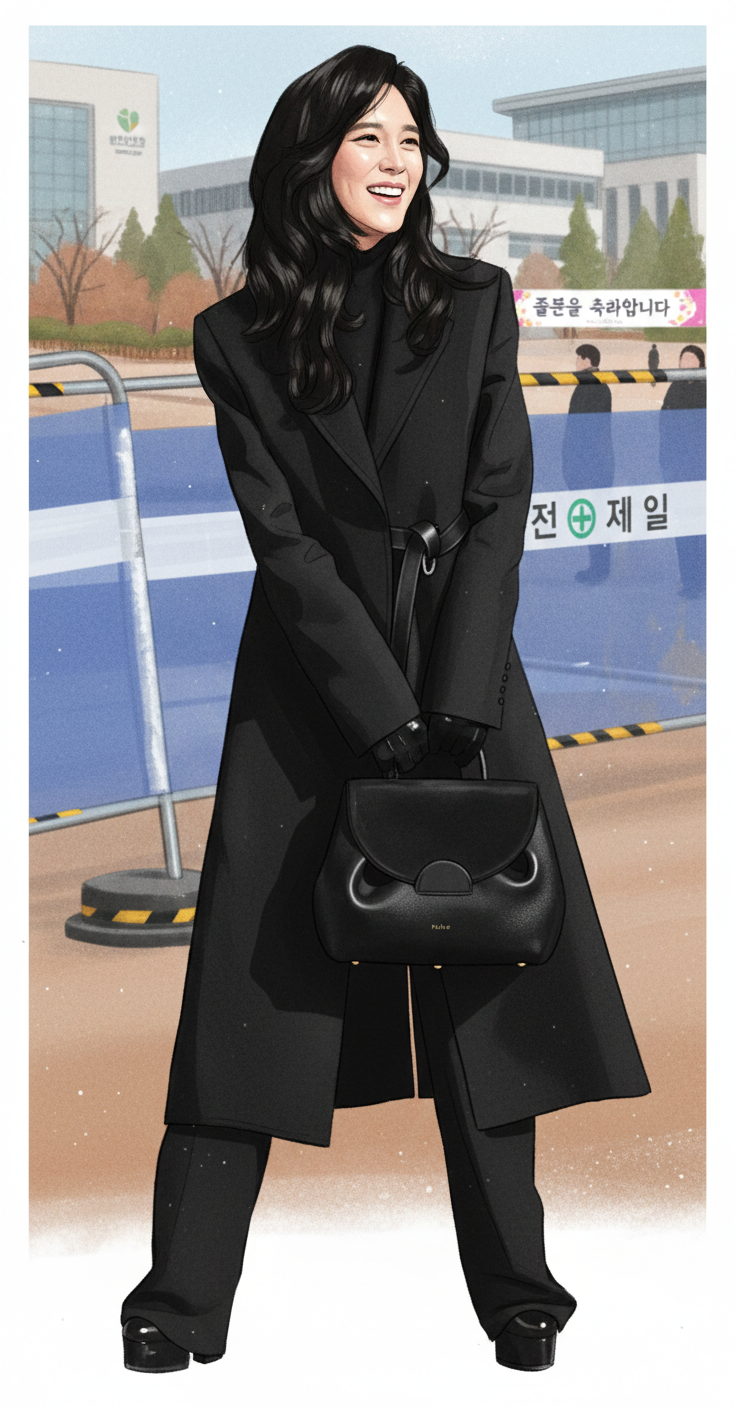 "아들 졸업식에 참석한 이부진 호텔신라 사장이 선보인 랑방 올블랙 코트와 폴렌느 누메로 앙 가방 스타일링을 묘사한 세련된 일러스트"