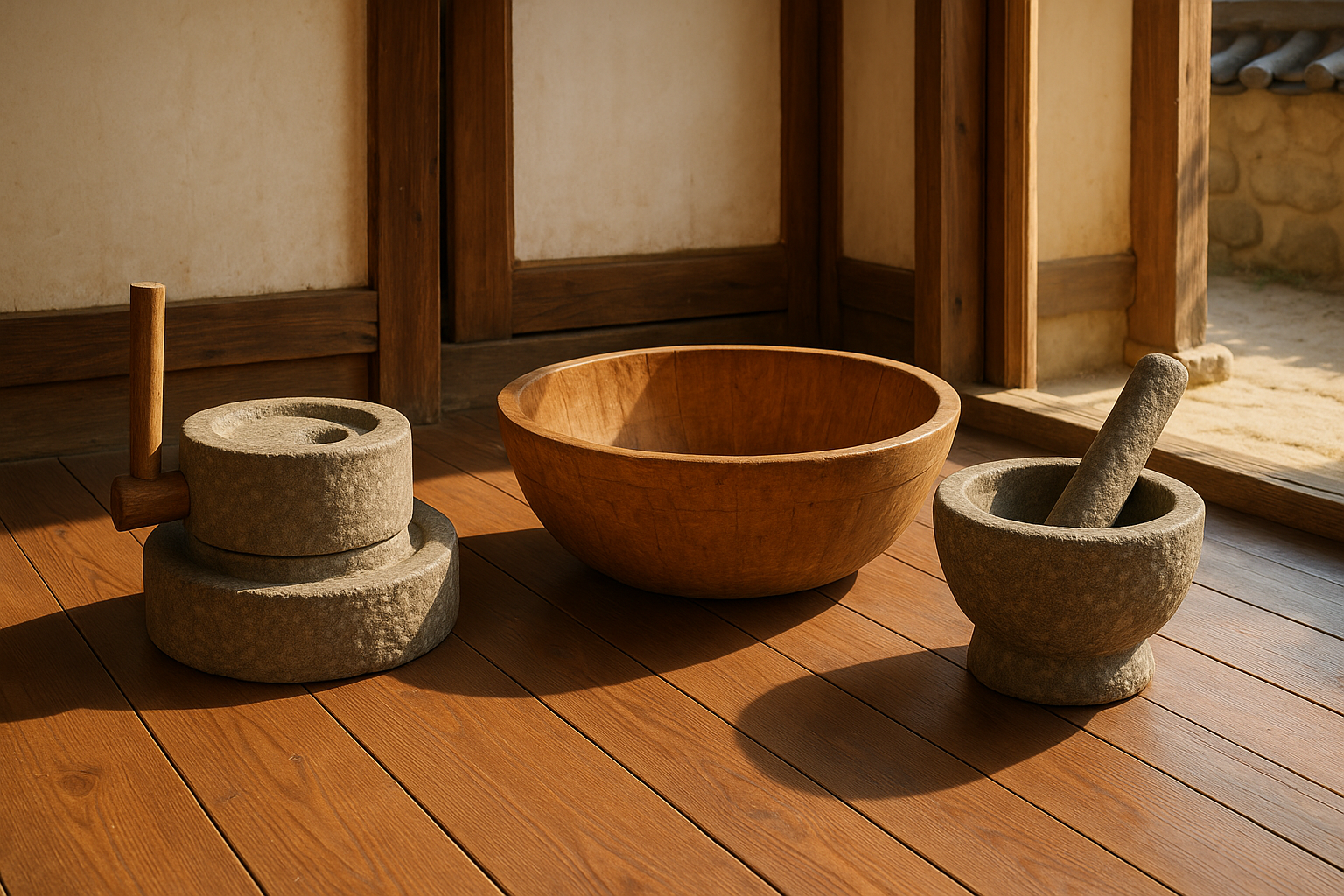 마루 위에 놓인 맷돌, 나무로 만든 함지박, 돌로 만든 절구공이가 나란히 놓인 모습