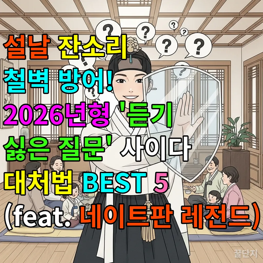 한복을 입은 젊은 한국인이 웃으며 잔소리 말풍선을 방패로 막아내는 일러스트