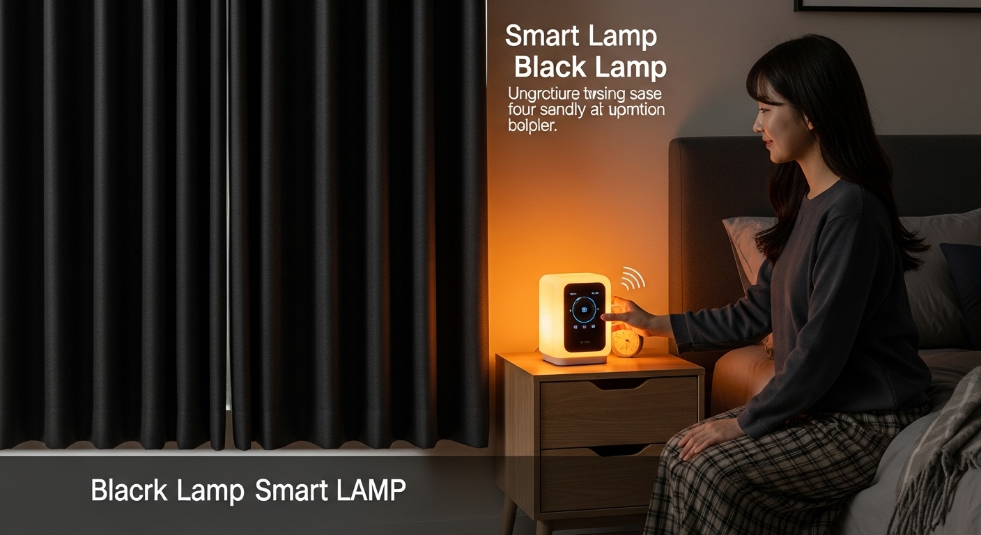 따뜻한 주황색 빛을 내는 스마트 램프를 조절하는 한국 여성의 손이 보이는 현대적인 암막 커튼과 침실.