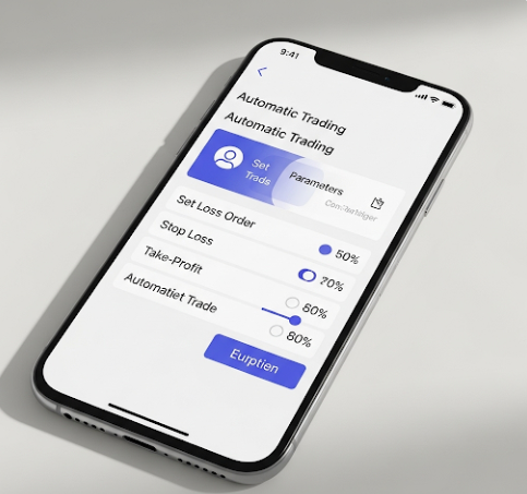 자동매매 기능이 포함된 스마트폰. 복잡한 차트가 아닌, 자동매매 설정 화면이 명료하게 표시되어 있다