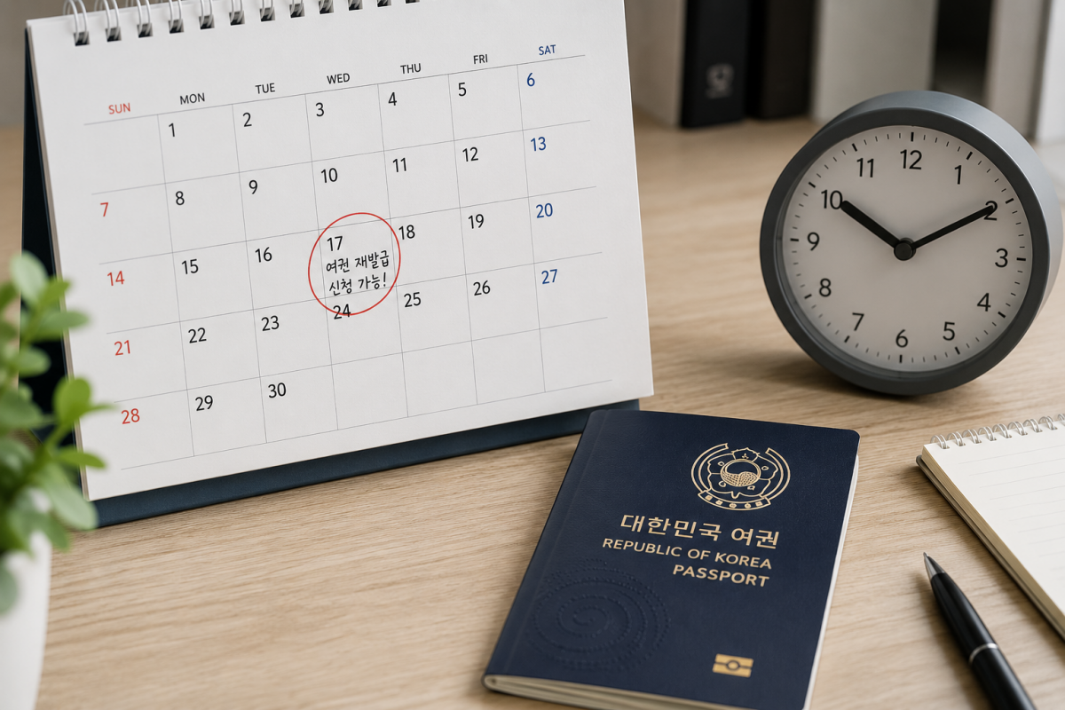 여권 재발급 기간과 소요시간을 나타내는 달력과 여권