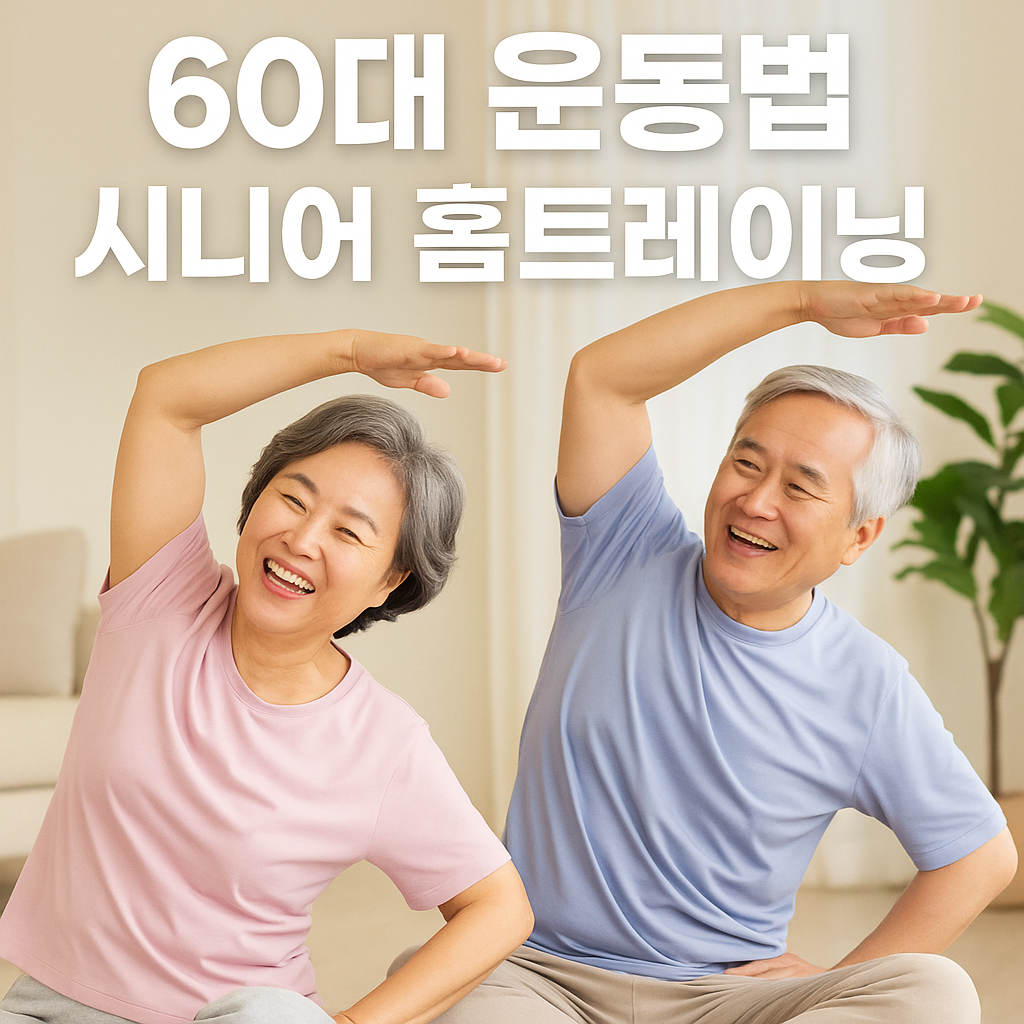 밝은 분위기의 60대 부부가 집에서 가벼운 스트레칭을 하고 있는 모습. 운동복을 입고 웃으며 운동하는 장면