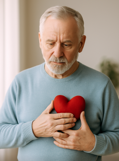 가슴 한 쪽에 손을 대고 있는 할아버지