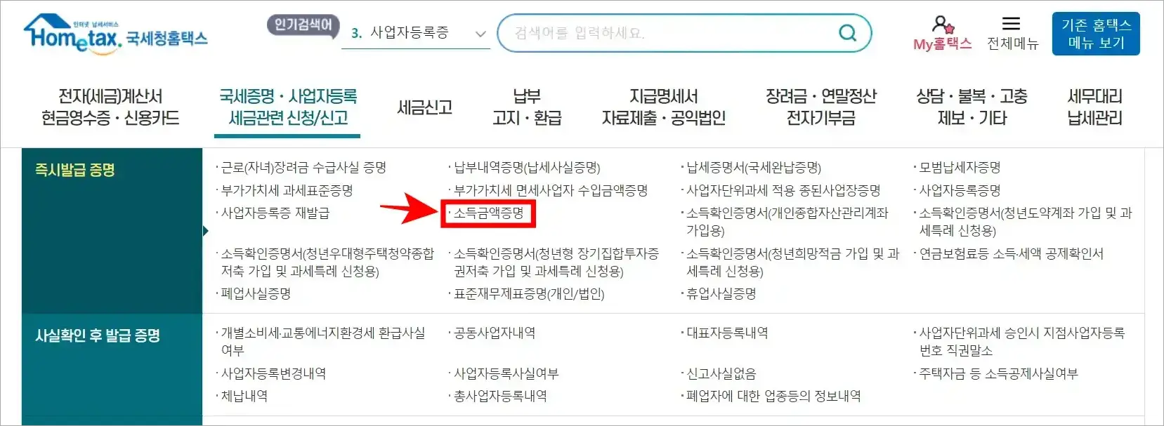 홈택스의 국세증명&middot;사업자등록&middot;세금관련 신청/신고 메뉴에서 소득금액증명을 선택