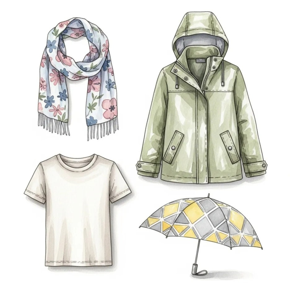 어떤 날씨에도 활용하기 좋은 스카프, 재킷, 티셔츠, 우산 등 필수 아이템.