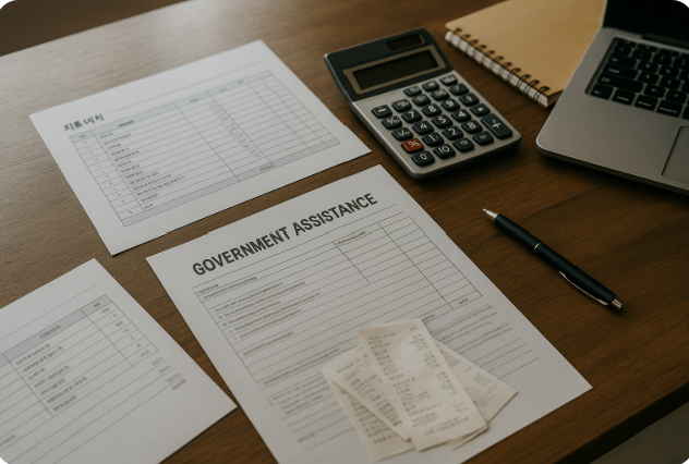 세무사 책상 위 정부 지원금 서류와 계산기