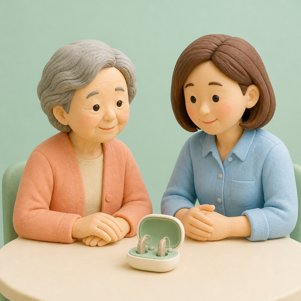 보청기 판매점 상담 테이블에서 딸과 함께 설명을 듣는 70대 여성