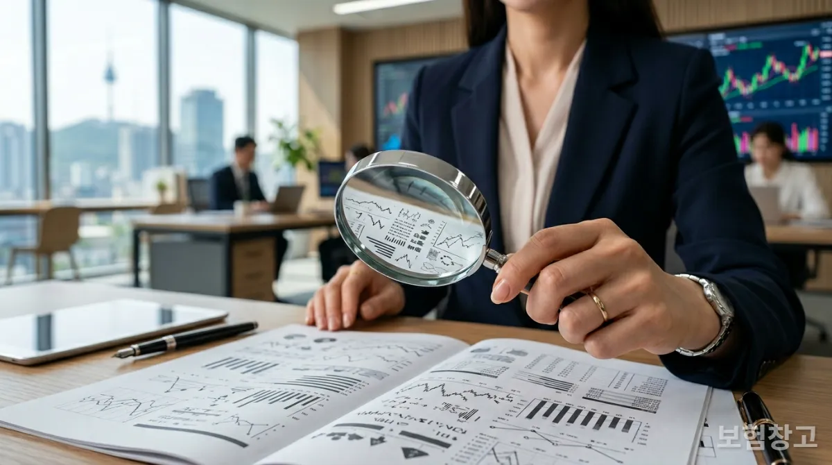 돋보기로 실손보험 약관을 분석하는 모습