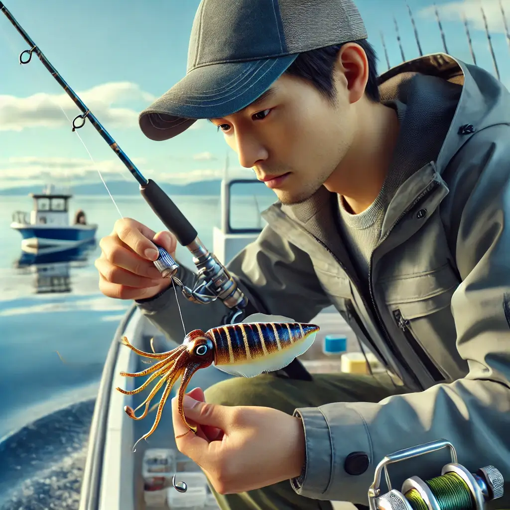 배 위에서 쭈꾸미 낚시 채비를 준비하는 남성