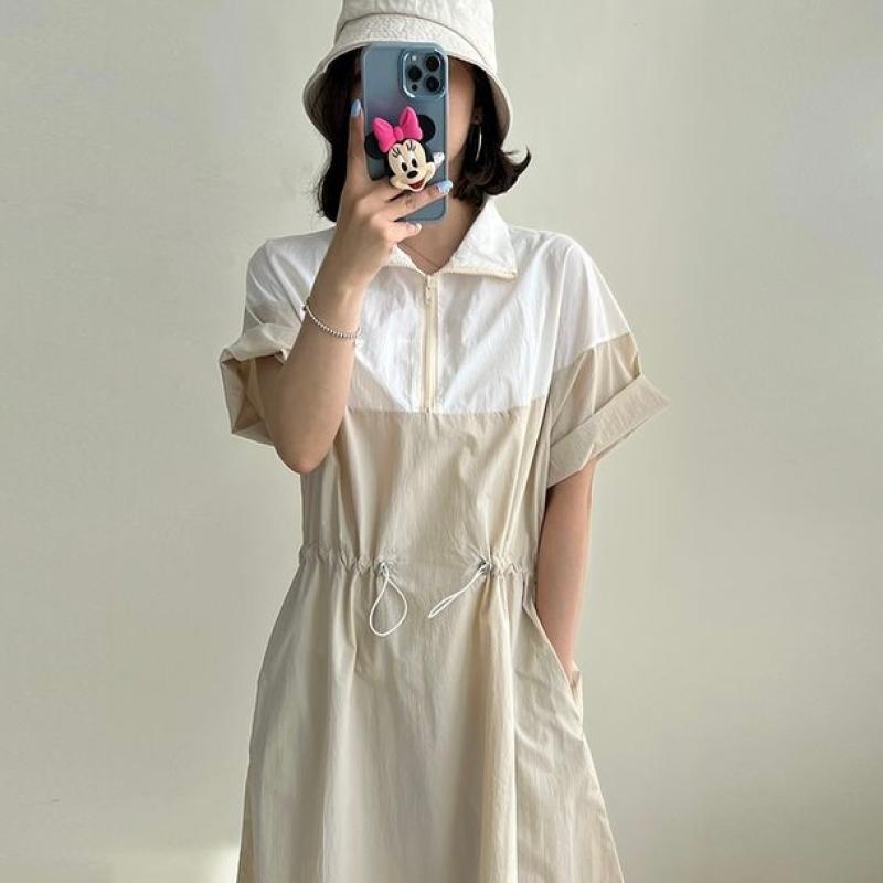 배색 반집업 스트링 반팔 아노락 롱 원피스