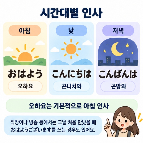 아침 오하요와 낮 곤니치와, 저녁 곤방와를 시간대별로 보여주는 이미지