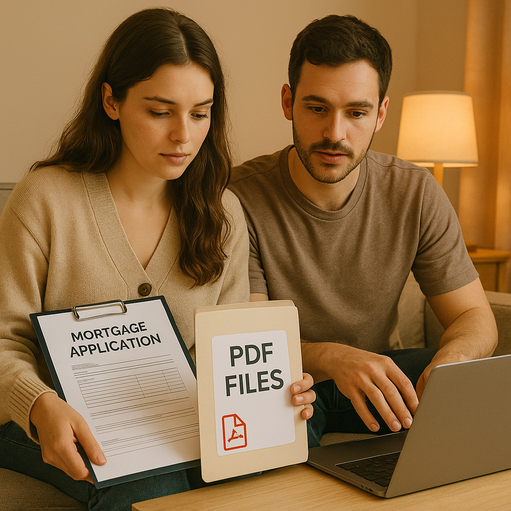 Young couple organizing PDF files for mortgage application, warm tone, lifestyle editorial