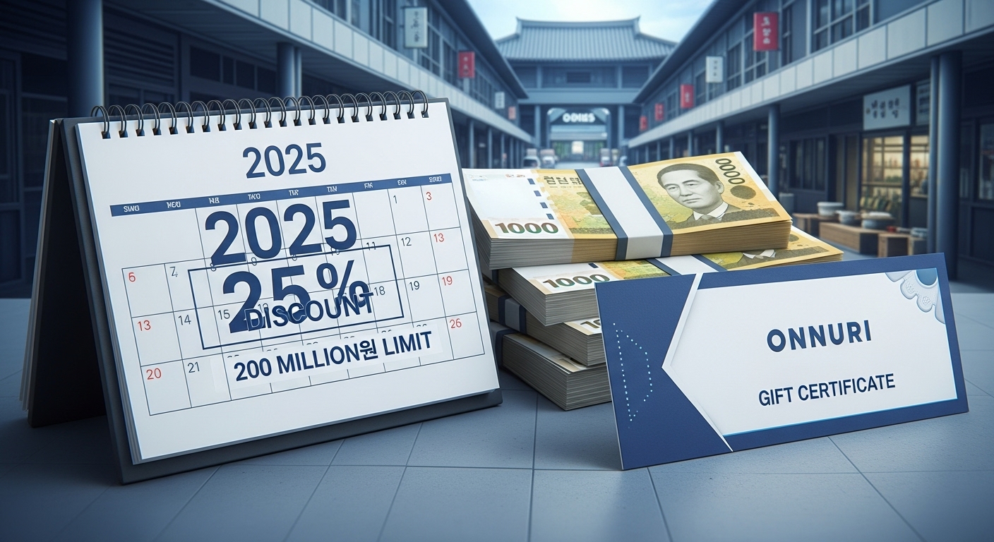 "A futuristic yet comforting image illustrating financial savings. A 2025 calendar page marked with '25% Discount' and '200 Million Won Limit' next to a stack of Korean cash and an Onnuri gift certificate, all styled in a blue and gray professional theme. The setting is a traditional market subtly modernized with clean lines. Focus on '2025' and '25%'. High contrast, clean, professional look."