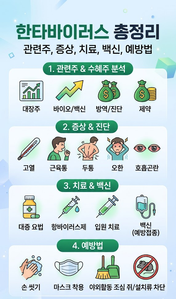 한타바이러스 관련주, 대장주, 수혜주 분석, 한타바이러스 증상, 치료, 백신, 예방법 총정리