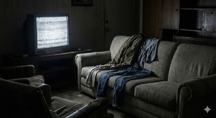 불 꺼진 거실, 켜져 있는 TV 화면의 노이즈가 텅 빈 소파를 비추고 있다. 소파 위에는 벗어놓은 옷가지가 마치 사람의 허물처럼 널브러져 있다