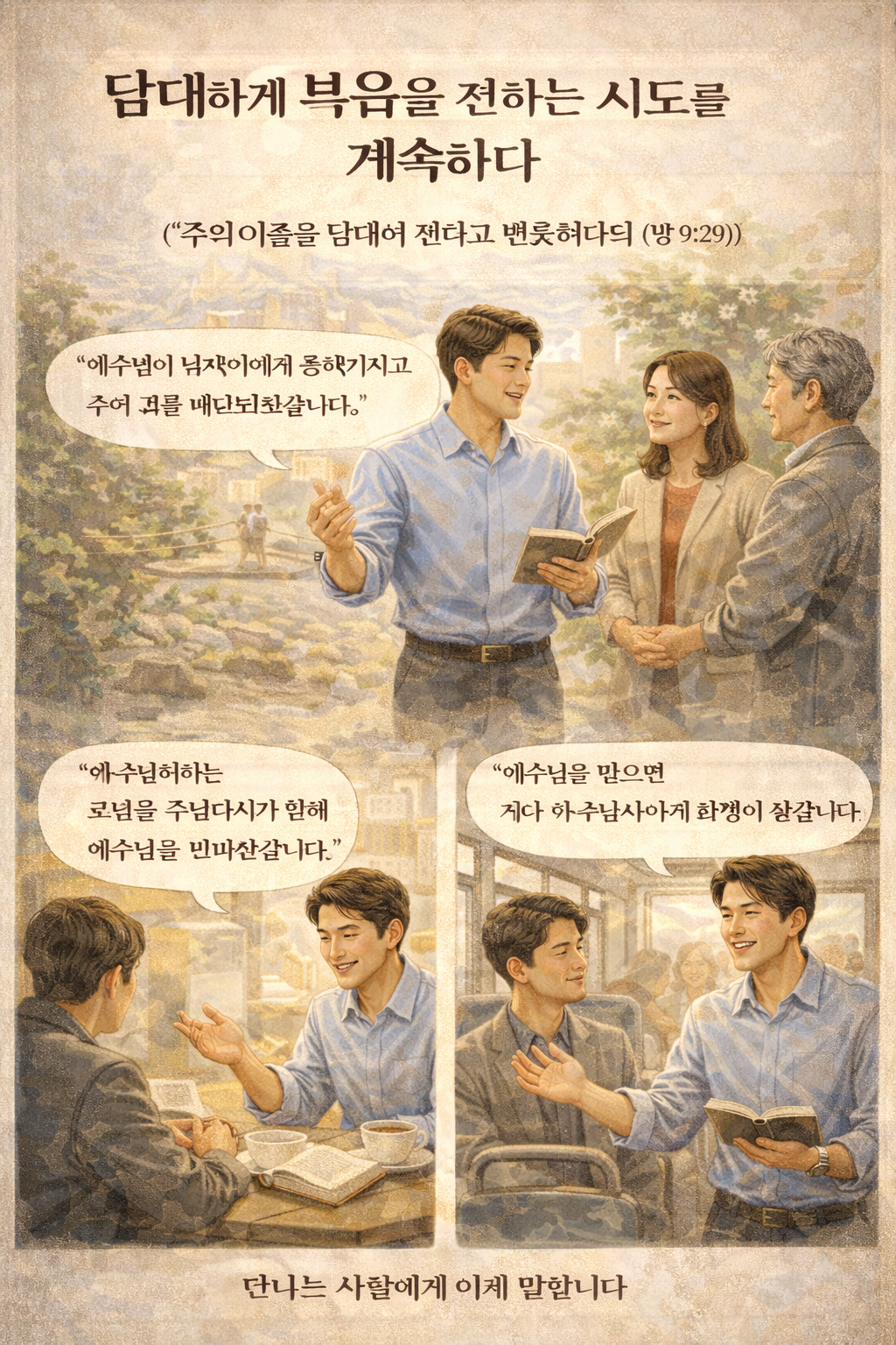 행 9:29 말씀을 보며 바울이 자신의 죽음을 무릎쓰고 불신자들을 향해 계속하여 메시지를 던지는 것을 보며&amp;#44; 저는 아무런 제재가없음에도 복음 전하는 것을 주저하는 태도를 버리고 오늘 만나는 사람에게 담대하게 복음을 전하는 시도를 하는 모습입니다.