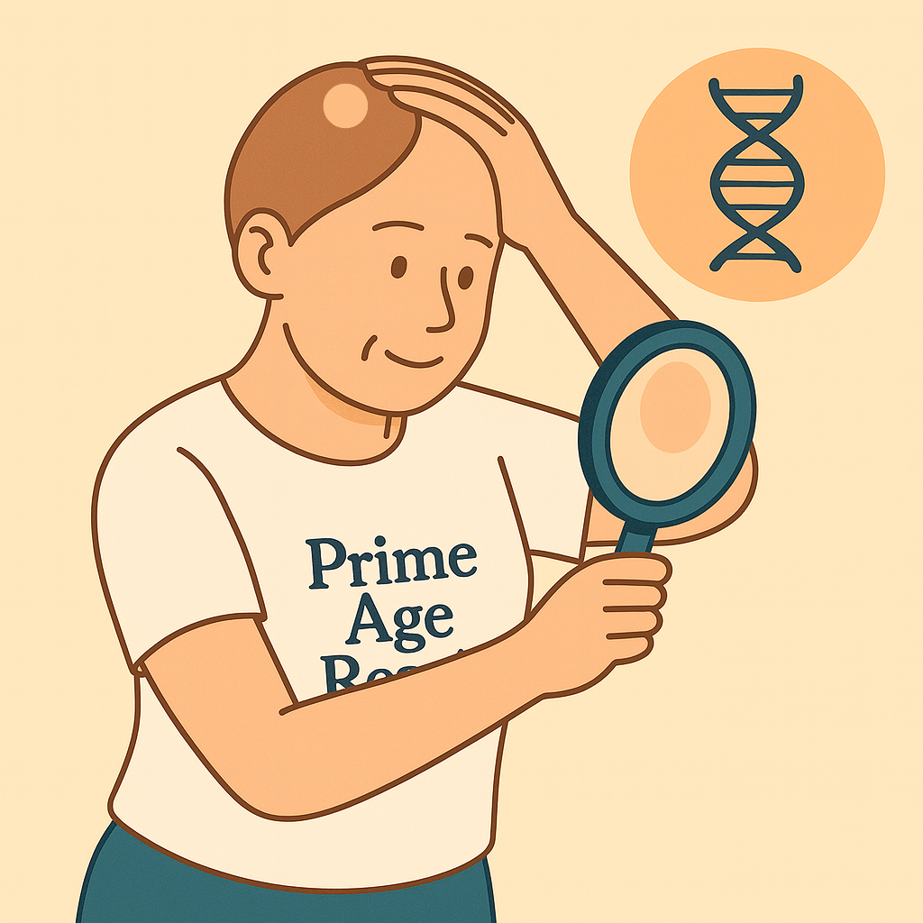 자신의 원형탈모 환부를 거울로 바라보는 중년남성의 이미지 만화체 그림