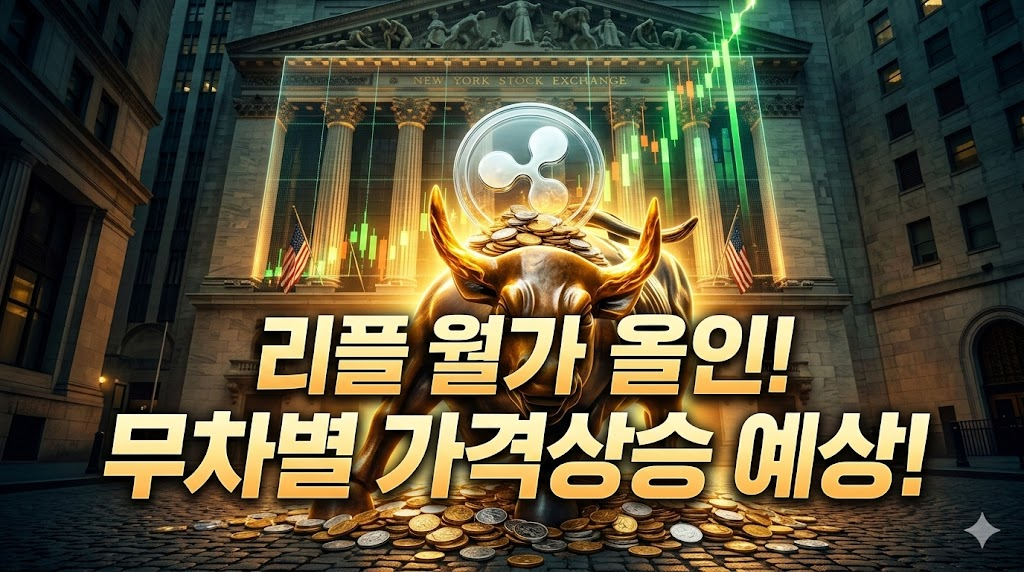 월가 기관의 리플 매집을 상징하는 황소와 XRP 로고