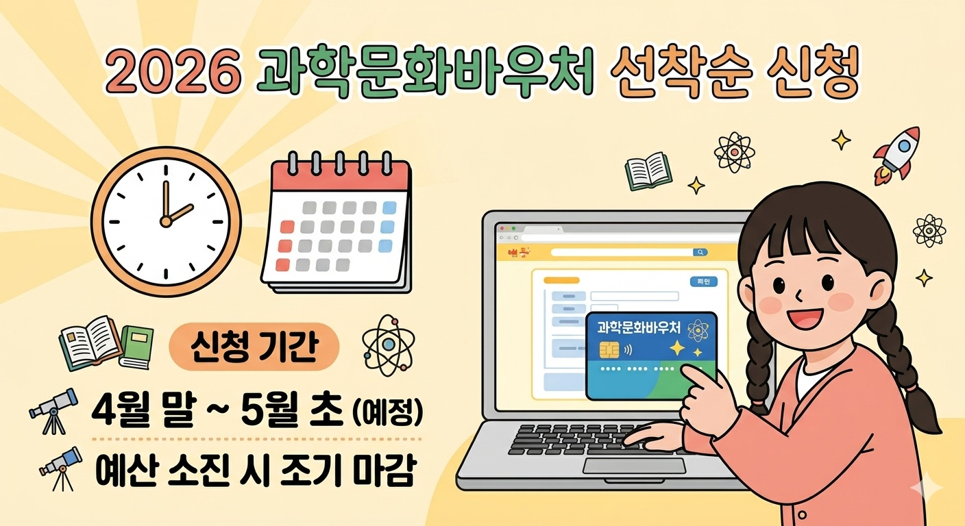 과학문화바우처 지원 대상 안내, 만6세 이상 기초생활수급자 및 차상위계층 자격 요건, 신청 제외 대상 및 선정 기준 설명 인포그래픽