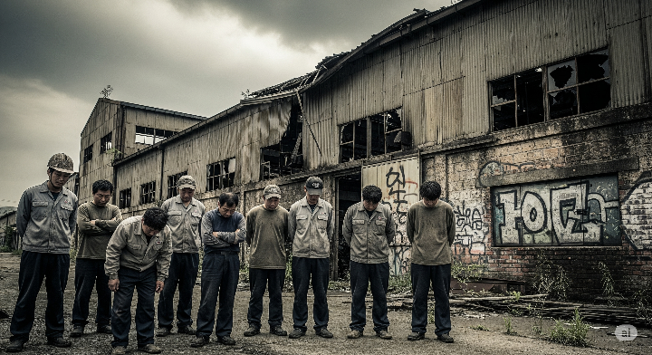 노후된 공장 앞에서 어깨를 늘어뜨린 노동자들의 모습