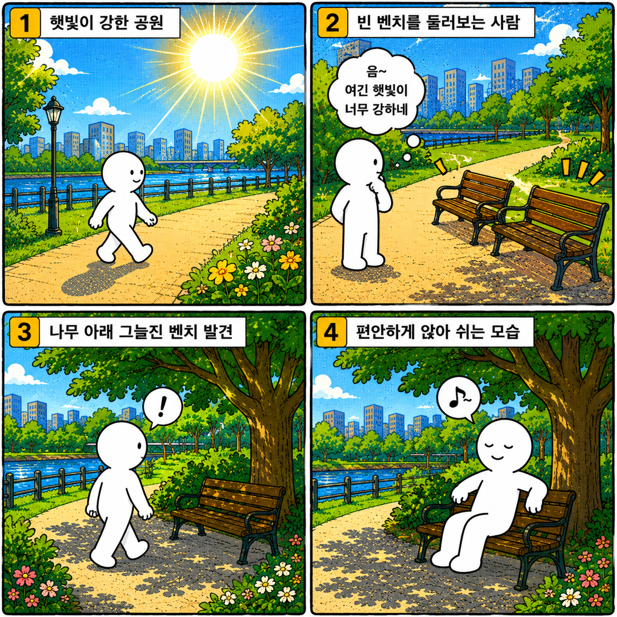 공원에서 그늘자리를 찾아서 휴식시간을 보내는게 좋아