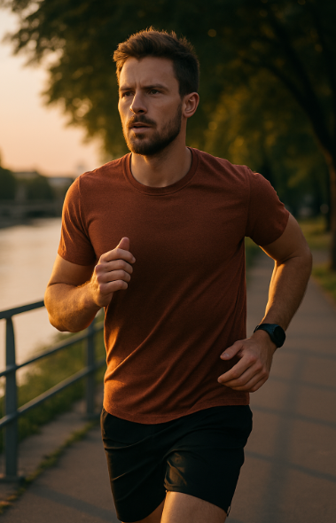 새벽 혹은 아침 햇살 속에서 훈련 중인 남성