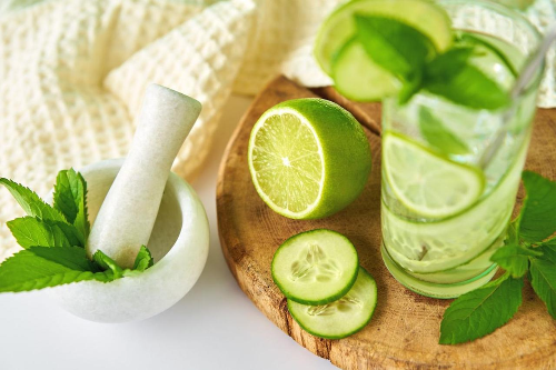 Healthy lemon cucumber cooling juice for summer hydration and wellness