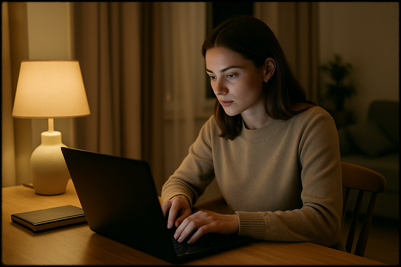 노트북 앞에 앉아 작업 중인 여성의 이미지