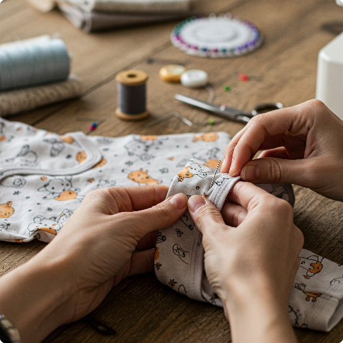 원단을 재단한 후에는 바느질