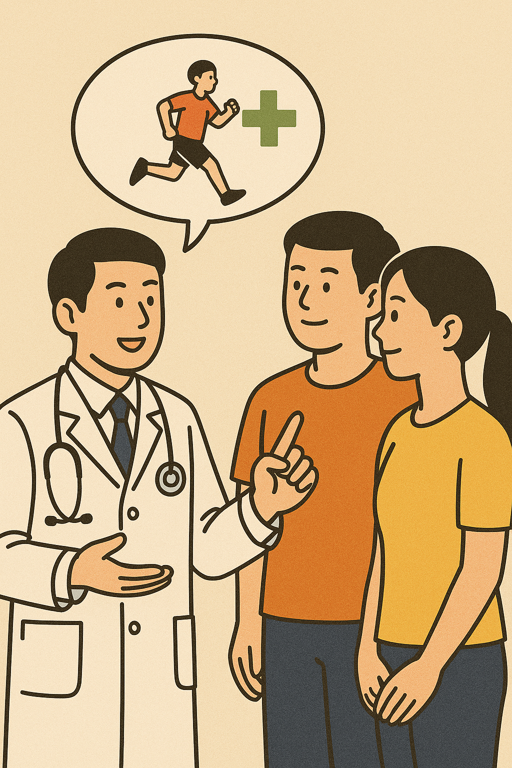 의사가 달리기에 대한 성인남여에게 건강관리에 대한 설명 하는 모습입니다.