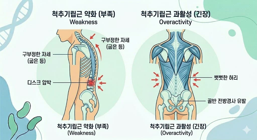 척추기립근 약화 구부정한 자세 디스크 압박 vs 과활성 뻣뻣한 허리 골반 전방경사 불균형 패턴 비교 인포그래픽