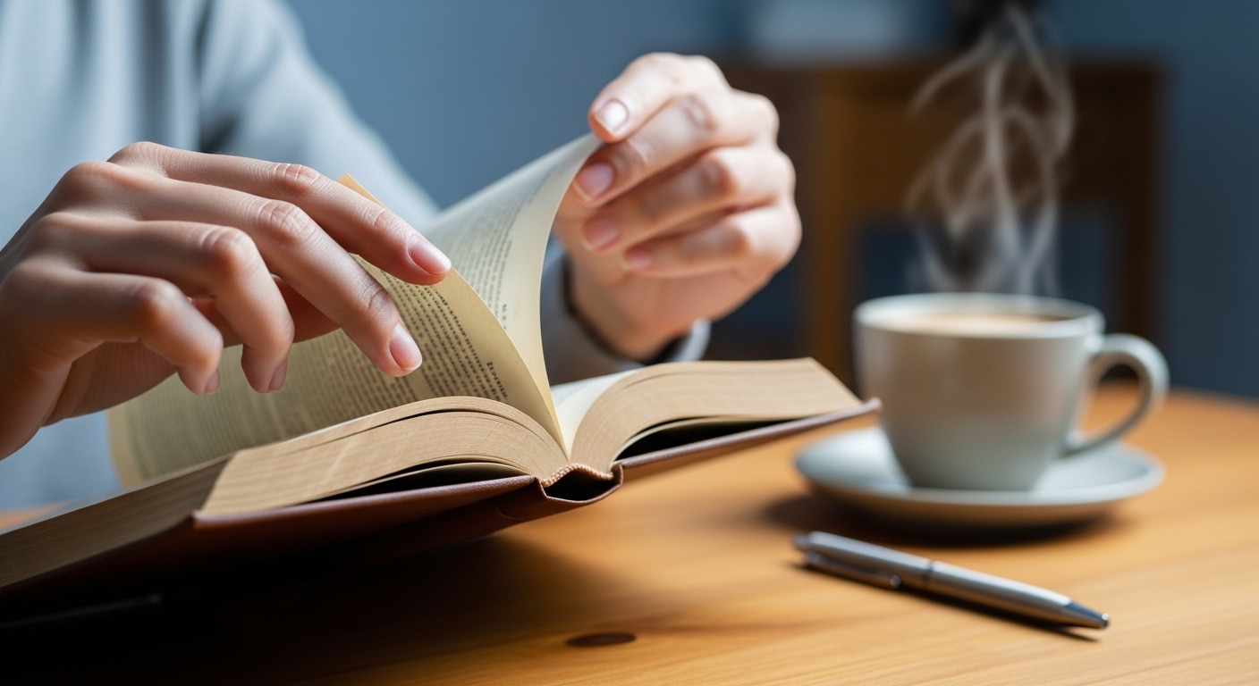 따뜻한 서재에서 손으로 책 페이지를 넘기는 모습. 집중하는 독서의 순간을 표현합니다.